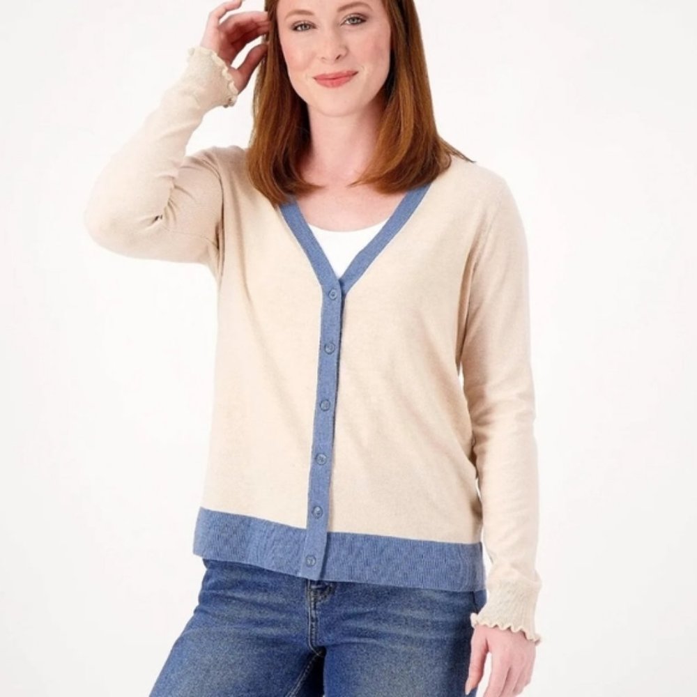 Candace Cameron Bure Surfside Button V-Neck Cardigan Oatmeal Rose Light Blue